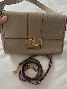 Ralph Lauren Taupe Pebbled Leather Crossbody with Gold RL Hardware